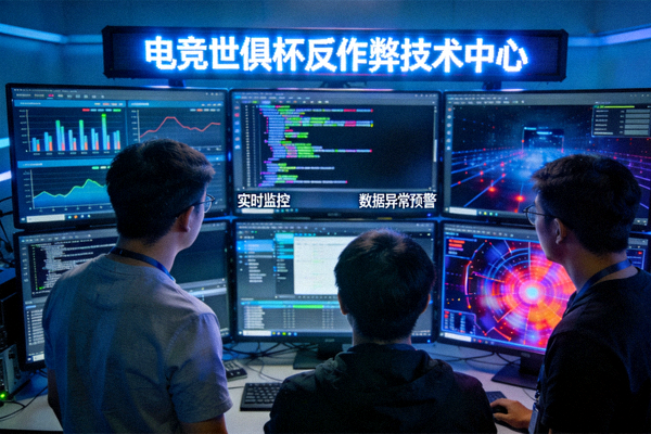电竞世俱杯反作弊技术中心工作人员监控数据屏幕