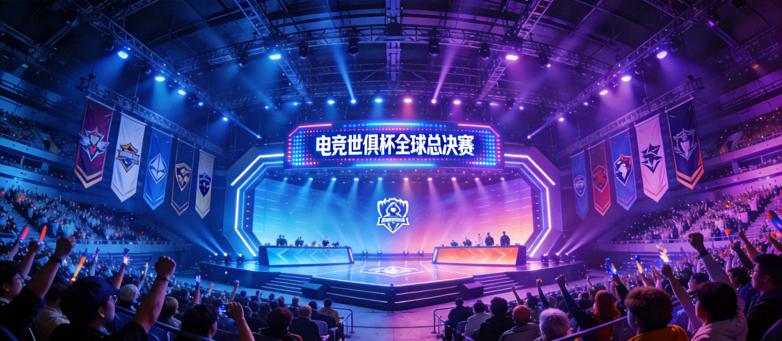 电竞世俱杯全球总决赛主舞台灯光全开的现场全景